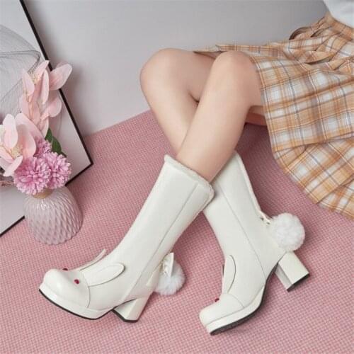 PXELENA Collegiate JK Uniform Rabbit Animal Cosplay Lolita Boots Women Plus Size 34-43 Winter Shoes 2022 Block High Heels Shoes