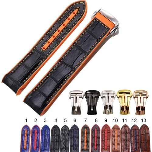CARLYWET 20mm 22mm Rubber Watchband With Leather Replacement Watch Band Strap For Omega Planet Ocean 45 42mm With Clasp