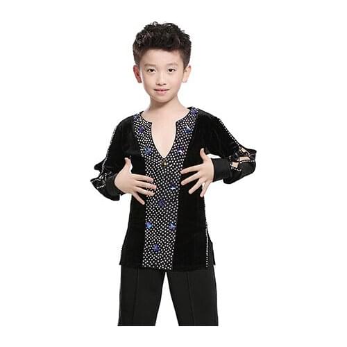 1 piece boys Latin Dance shirt Spandex Boys Ballroom Dance performance shirt Sequins long sleeve shinny
