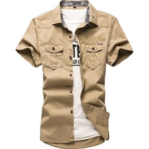 Summer Shirt Men Cotton Turn Down Collar Single Breasted Short Sleeve Shirts for Mens Plus Size Military Uniform Loose Shirt