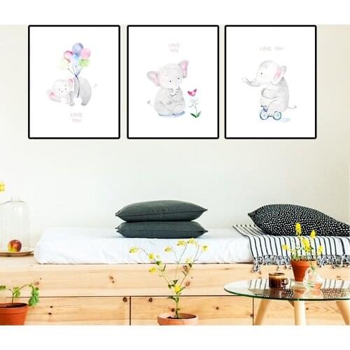 Nordic Simple Cute Animal Print Canvas Painting Creative Cartoon Elephant Balloon Flowers Bicycle Poster Childrens Room Decor