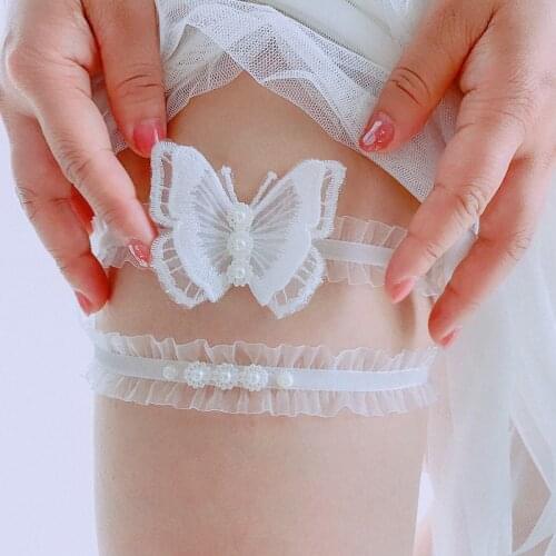 Kasure Wedding Bridal Garter Stretch Lace Bridal Garter Set Butterfly Design with Pearl Brooch for Wedding Something Blue