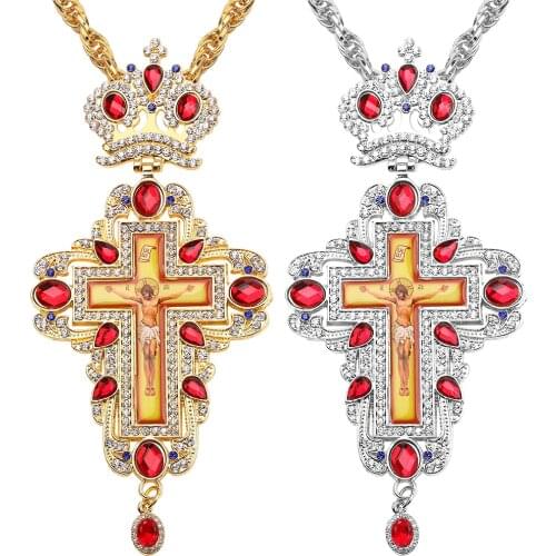 Vintage Religious necklace Crown Crucifix Religious icon Pendant Byzantine cross priests Colorful Colorful Crystal Long Necklace