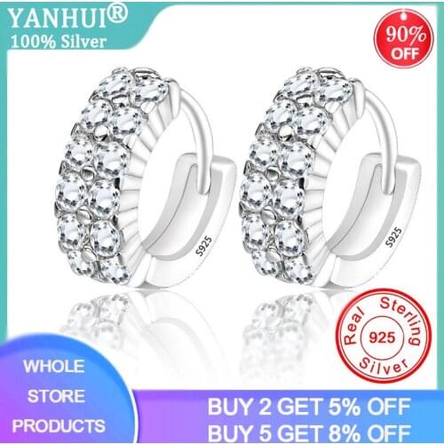 YANHUI Original 925 Solid Silver Hypoallergenic Earrings Luxury Double Row Zircon Stud Earring for Women Girl Silver 925 Jewelry