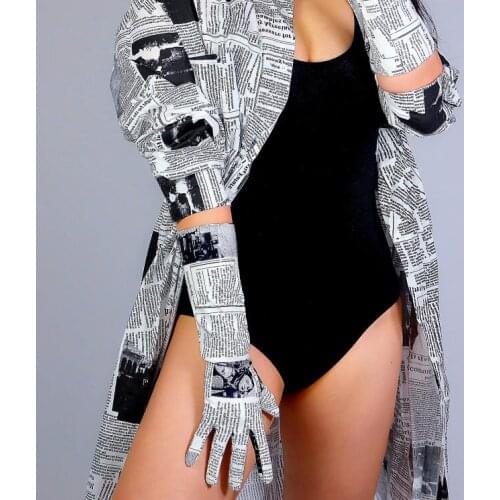 Womens runway fashion sexy slim newspaper print pu leather glove ladys club performance leather long glove 40cm R2742