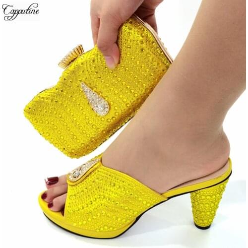 Yellow Woman Matching Shoes And Bag Set High Heels Ladies Pumps With Purse Handbag Platform Slippers Clutch For Party CR126 9cm