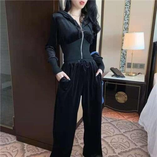 SummerCasual Pleuche Sweatsuits for Women Two Piece Outfits Zip Cropped Hoodies and Wide Leg Pants Matching Sets Tracksuits S-XL