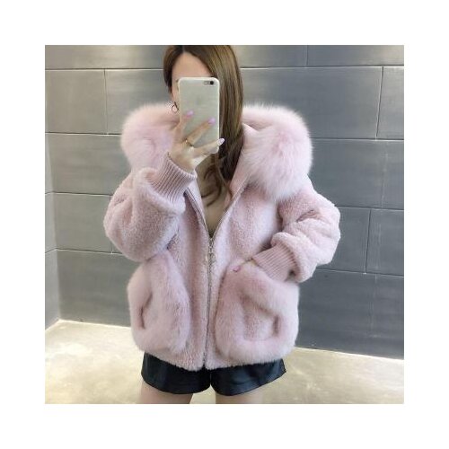 High Quality Winter Women Sheep Shearing Short Imitation lamb hair Furs Coat Loose Warm Faux fox fur collar Hooded Fur Outerwear
