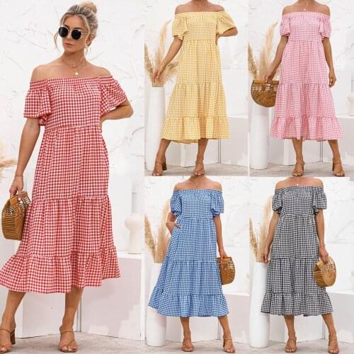 Summer Dress Femme Robes Women Grid Print Dresses Shrinkage Pockets Slash Neck Butterfly Sleeves Long Dress For Women Vestidos