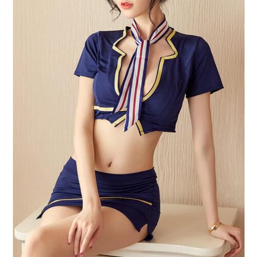 2020 Sexy Nightdress, Blue Color Tie, Open Button, Low-Cut Tight-Fitting See-Through Hollow Stewardess Costume Seduction Female