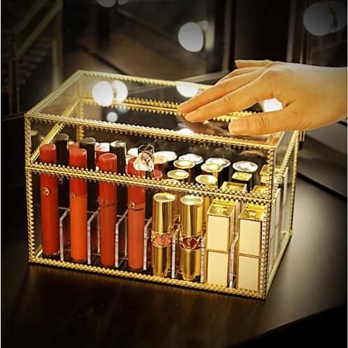 24/40 Grid New Arrival Gold Glass Clear Makeup Perfume Lipstick Cosmetic Storage Display Box Case Stand Rack Holder Organizer