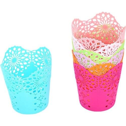 5pcs Creative Storage Bucket Decoration Desktop Small Trash Can Storage Basket Lace Lace Hollow Pattern Pen Holder