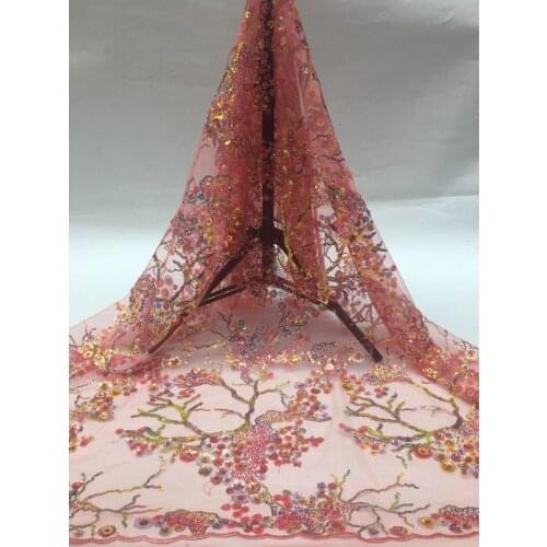 5yards/pc) High quality African tulle lace delicate embroidered French net lace with beads sequins for party dress FSS343