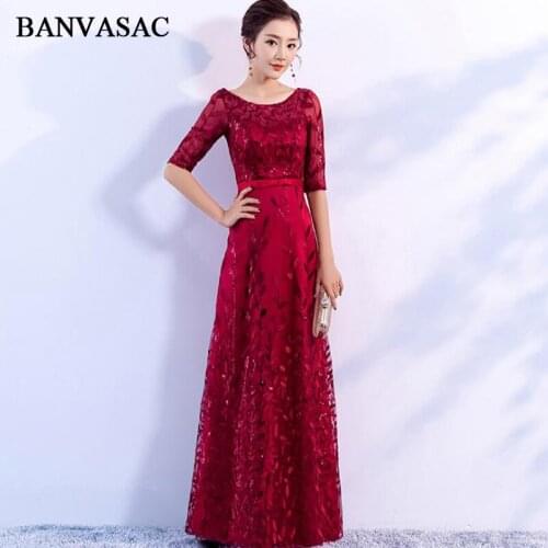 BANVASAC O Neck 2018 Sequined Leaf Long Evening Dresses Party A Line Bow Sash Lace Half Sleeve Backless Prom Gowns