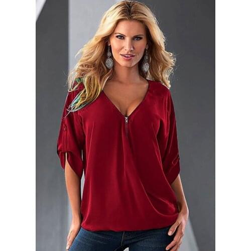 13colours Fashion Shirts Womens Blouses Sexy V Neck Zipper Half Sleeve Shirts Womens Casual Loose Blouses Chiffon Leisure Tops