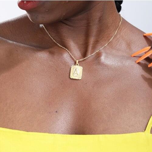Initial Letter Pendant Necklace For Women Charm Gold Color Capital Stainless Steel Letter Square Alphabet Necklace Cuban Chain