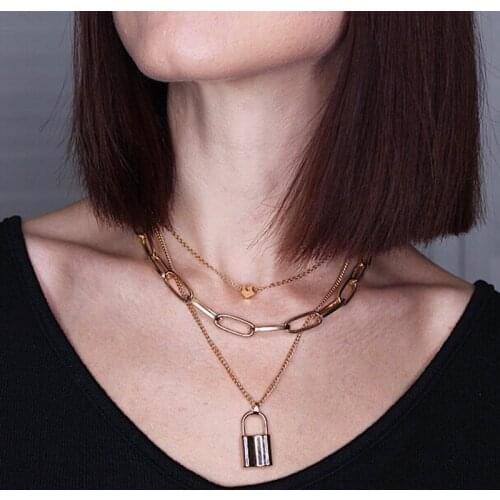 COWBREAD Retro Multi Layered Women Necklace Heart Lock Pendant Necklace Geometric Fashion Wild Accessories Jewelry Gift