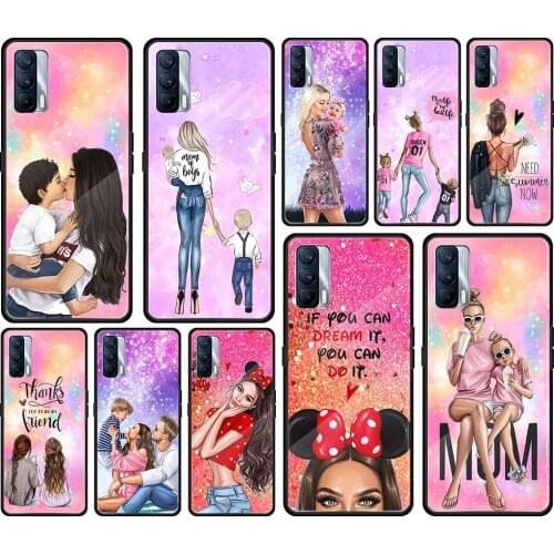 Lucky Cute Mom Baby Tempered Glass Cover For Realme 7 7i XT C3 6 5 Pro for OPPO A9 2020 A52 Find X2 Lite Phone Case