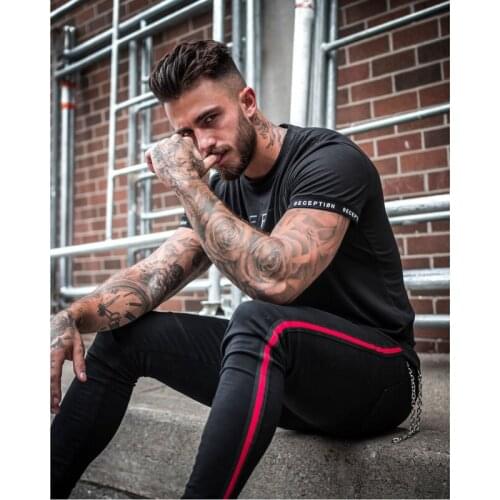 Mens Side Stripe Skinny Fit Black Denim Hip Hop Streetwear Solid Color Slim Fit Cotton Jeans for Men