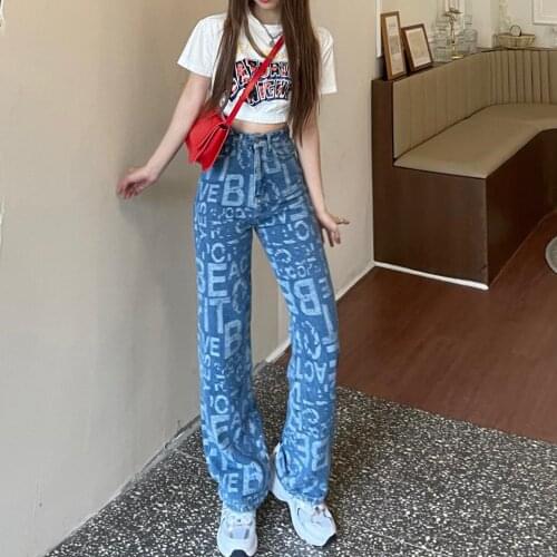 Womens Fashion Jeans 2021 New Trend Letter Printing Streetwear High Waist Wide Leg Pants Girl Student Straight Denim Trouser