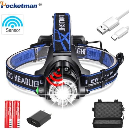 New Sensor LED Headlight Powerful Headlamp T6/L2/V6 LED Head Light Zoomable Head Torch Portable Waterproof Lanterna