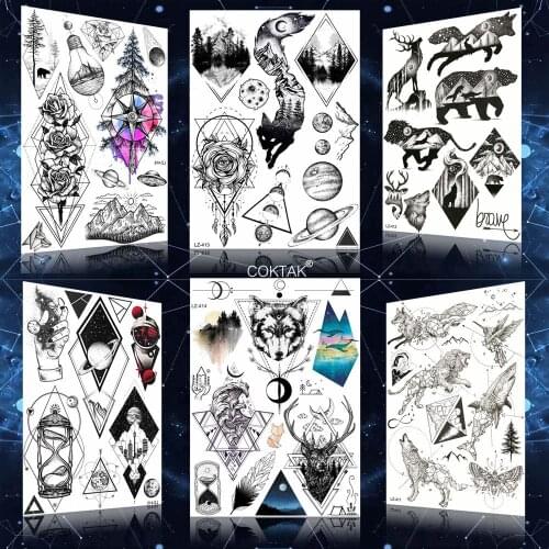 HOT Fox Black Dreamcatcher Planet Temporary Tattoos Stickers For Kids Women Men Geometric Wolf Tattoo Fake Waterproof Star Tatoo