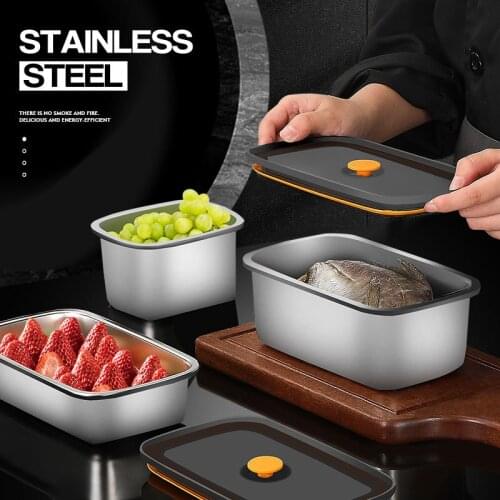 304 Stainless Steel Refrigerator Storage Box Sealed Box Household Kitchen Multi-function Food Storage Box Fresh-keeping Box