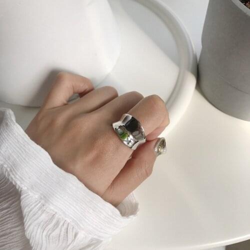 1pc INS Authentic S925 Sterling Silver FINE Jewelry Irregular Glossy Smooth Geometric Wider BAND ring adjust TLJ1035
