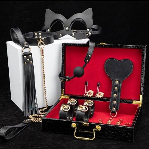 PU Leather Erotic Bed Bondage Kits Slave Restraint Bondage Set Handcuffs Collar Gag Whip Adult Sex Toys for Women Couples