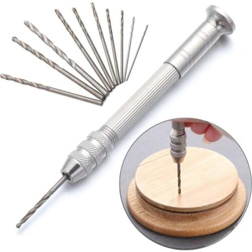 Mini Micro Aluminum Hand Drill With Keyless Chuck +10pcs Twist Drill Bit For Jewelry Watch Hobby Hand Tool Woodworking Drilling