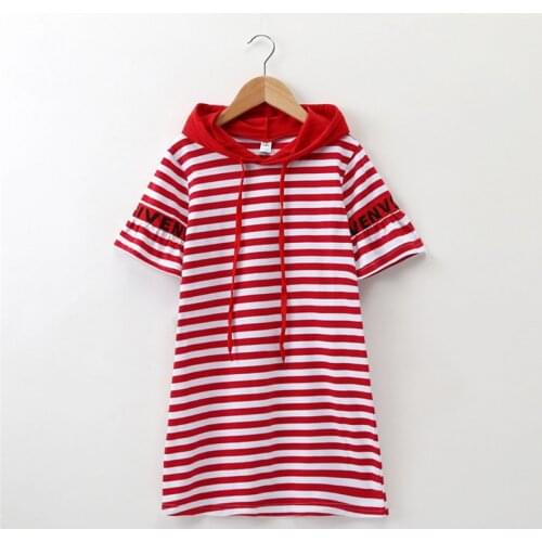 Fashion Girls Dresses Hooded Sort Sleeve Kids Clothes Toddler Pure Cotton Casual Striped Pattern Knee Length Girls Dresses