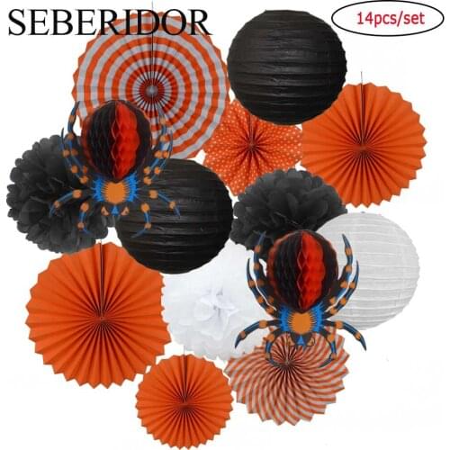 Mixed Size Black Orange White Set Round Paper Lantern Folding Fans Hanging Spider Honeycomb For Halloween Party Favor