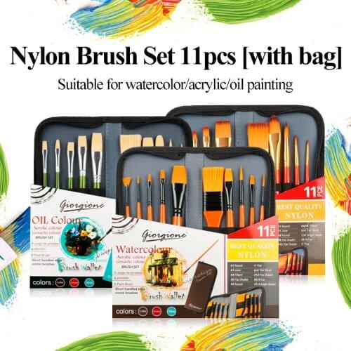 Giorgione Nylon Hair Brushes 11pcs Cloth Bag Style for Watercolor/Acrylic/Oil Painting Soft Flexible Hand Painted Supplies Tools