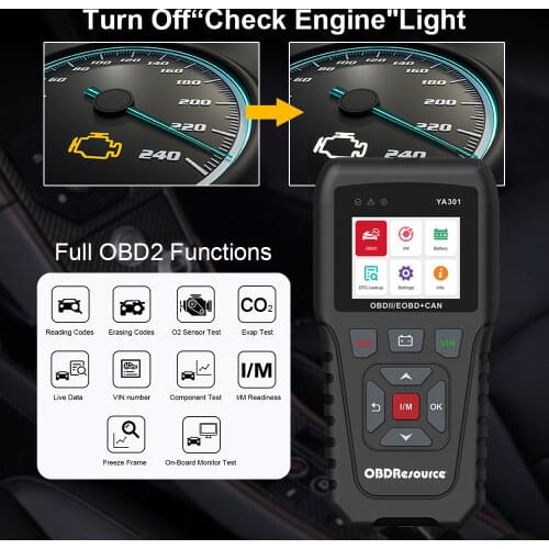 OBDResource YA301 Car Engine Error Code Reader 12V Multi-Language Read Displays Live ECU PCM Data Stream On-Board Monitor Test