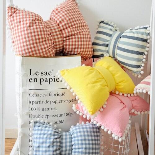 Solid/Stripe Bow Cushion Pillow with Pom Decorative Cotton Cushion with Removable Case Sweet Sofa Pillow
