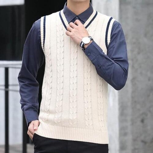 Autumn Winter New Style Wool Vest Mens V-neck Pullover Business Casual Mens Knitted Sweater British England Red Beige Off White
