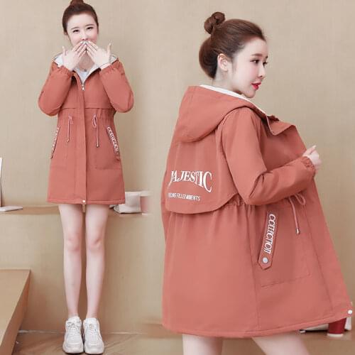 Women Hooded Trench Coat Spring Autumn Long Print Windbreakers Female Korean Casual Coat With Lining Plus size Loose Outwear New