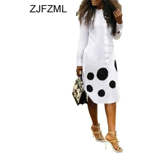 Black White Polka Dot Sexy Shirt Dress Women Stand Collar Long Sleeve Club Party Dress Office Ladies Plus Size Knee-Length Dress