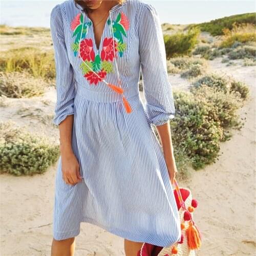 Blue Vertical Striped Embroidery Self Tie V-Neck Tassel Midi Dress Long Sleeve High Waist Casual Summer Beach Tunic Dress N573