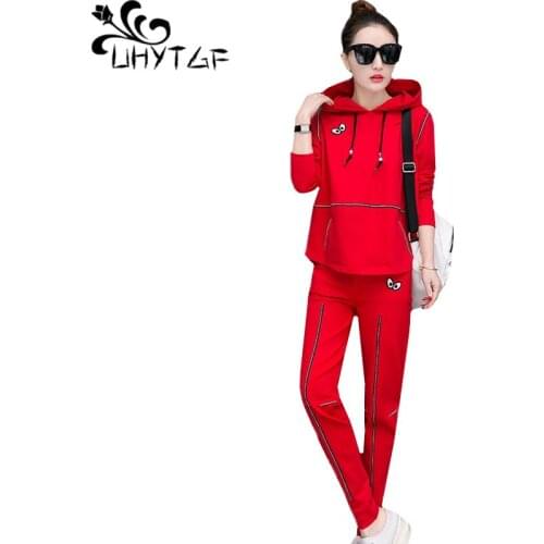 UHYTGF New casual tracksuit for women Fashion Hooded spring 2 piece set Loose plus size tops And sports trousers women sets 1358