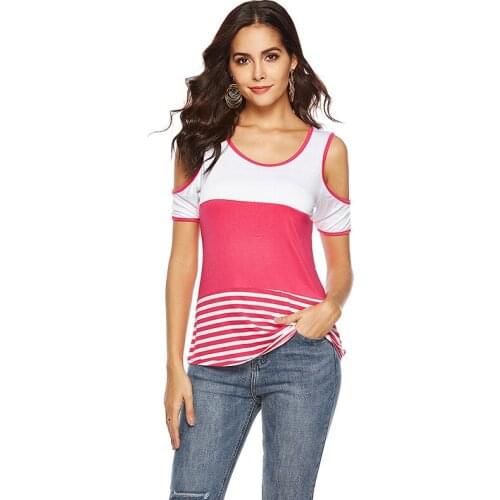 Women t-shirt Sexy Offshoulder Plain Striped Stitching short-sleeved Top Tshirt Sweatshirt Tops Female Blusas