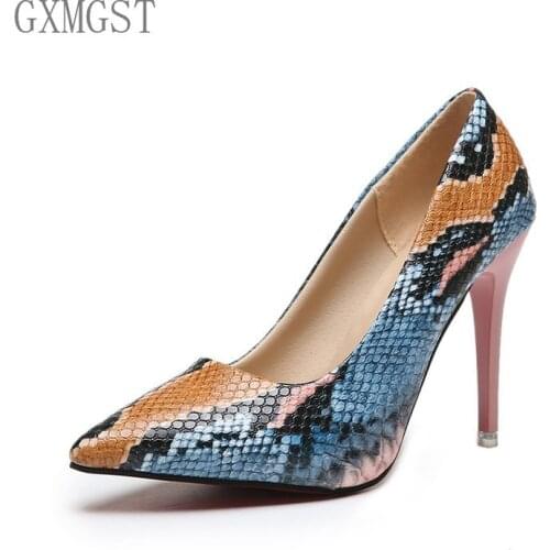 2021 New Arrivals Sexy Slim Ultra High Heel Dress Pumps Women Fashion Shoes Slip on Stiletto Pointed Toe Snake Skin Ladies Party