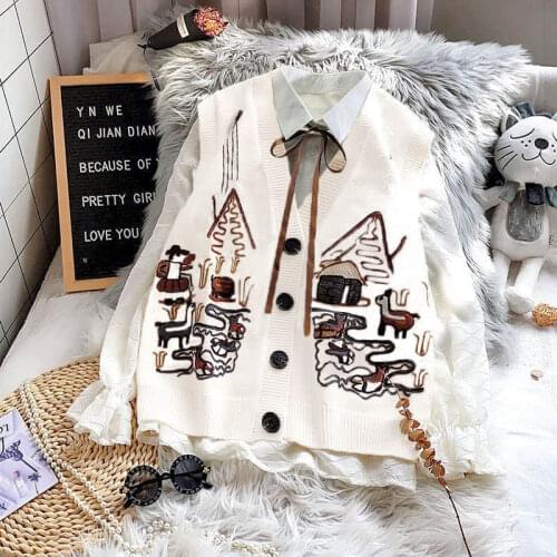 2021 Spring Autumn Sweater Knitted Vest Korean Top for Women Clothing Oversize Vintage Sleeveless Kawaii Harajuku V-Neck Cardiga