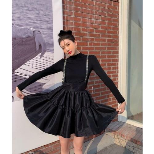 Dress female spring and autumn retro new design high waist pearl black all-match suspender skirt dresses