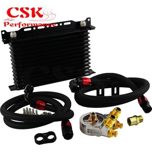 13 Row Engine Trust Oil Cooler w/ Thermostat 80 Deg / 170 F Oil Filter Adapter Kit Blue/ Black/ Gold