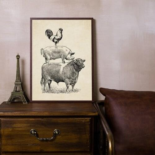 Abstract Canvas Painting Farm Poultry Cow Pig Chicken Vintage Wall Art Poster And Print French Country Pictures Home Decoration