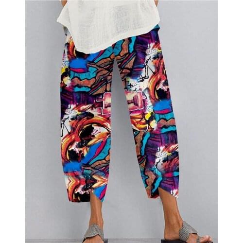 Women Elastic Waist Harem Pants Retro Floral Printing Pantalon Turnip Cotton Linen Pants Womens Loose Pants