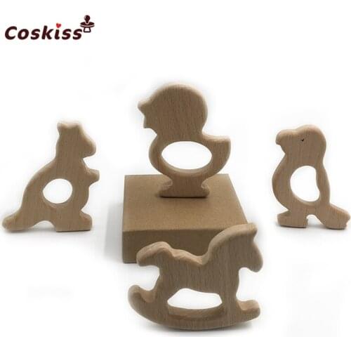 DIY Baby Teether Toys Organic Natural Beech Wooden Trojan horse-Kangaroo-Woodpecker-Duck Hand Cut Toy Baby Wooden Teether Gift