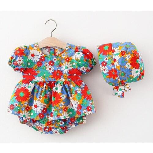 Baby Girls Crawling suit With Hat 2pcs Clothes Sets Kids Clothes Baby Short Sleeve Party Princess Print Floral Dress