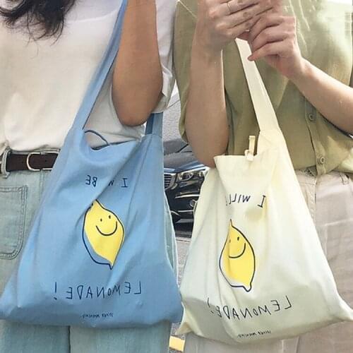 Women Canvas Bag Large Capacity Tote Stick Lemon Printed Shoulder Bags Handbag Eco Cotton Cloth Fabric Shopping Bags For Girls